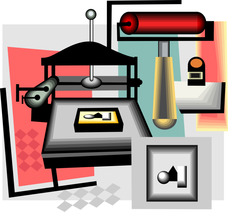 Vector Illustration of Printing Process with Gutenberg-style Screw Press and Ink Roller