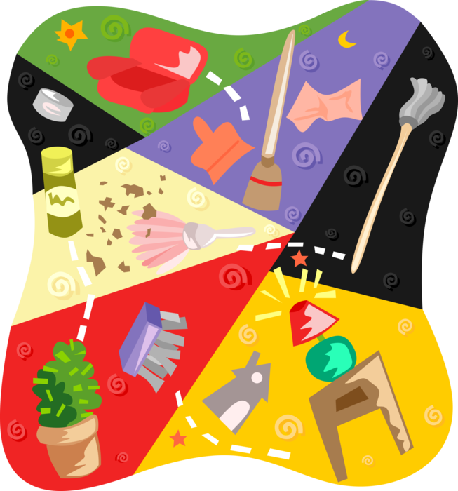 Vector Illustration of Household Items with Furniture, Brooms, and Cleaning