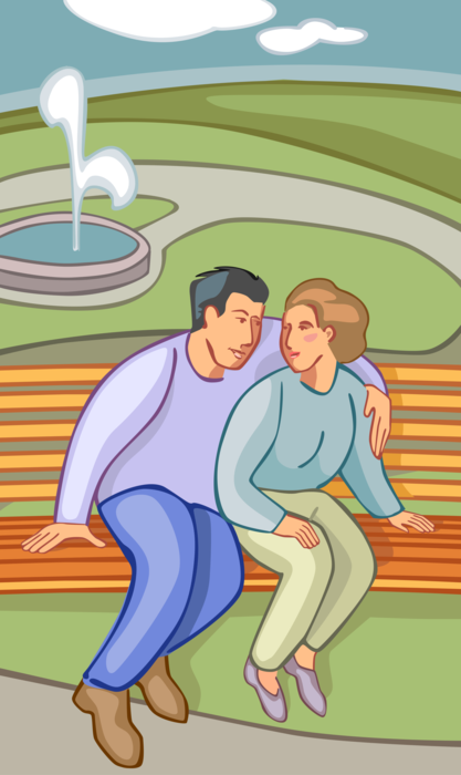 Vector Illustration of Romantic Couple Sit on Park Bench with Fountain