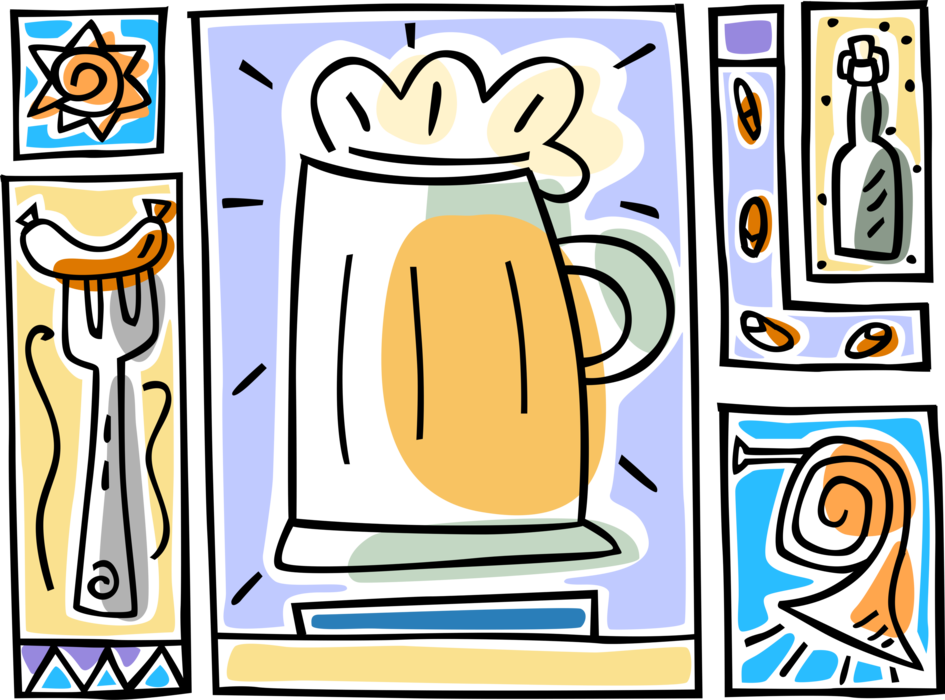 Vector Illustration of Oktoberfest Beer Stein with Tuba, and German Sausage on Fork