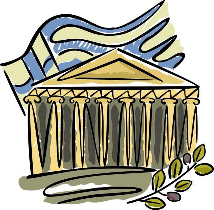 Vector Illustration of Classical Greece Acropolis Parthenon with Olive Branch and Greek Flag