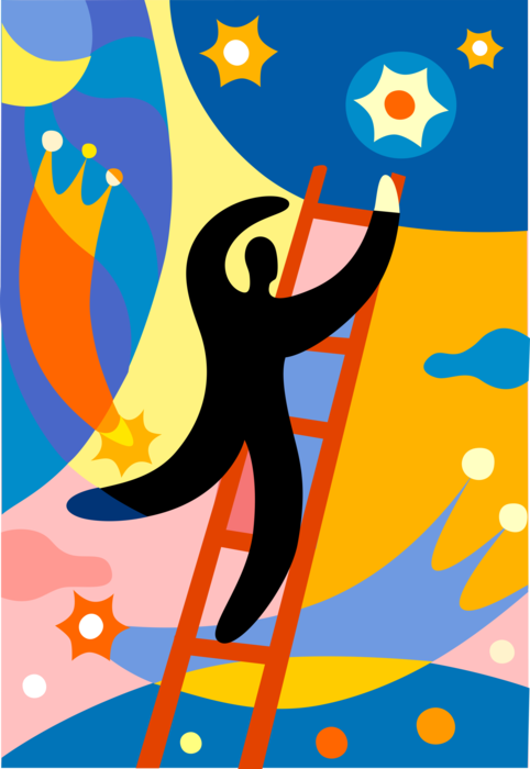 Vector Illustration of Climbing Ladder to Reach for Stars to Achieve Career Ambitions