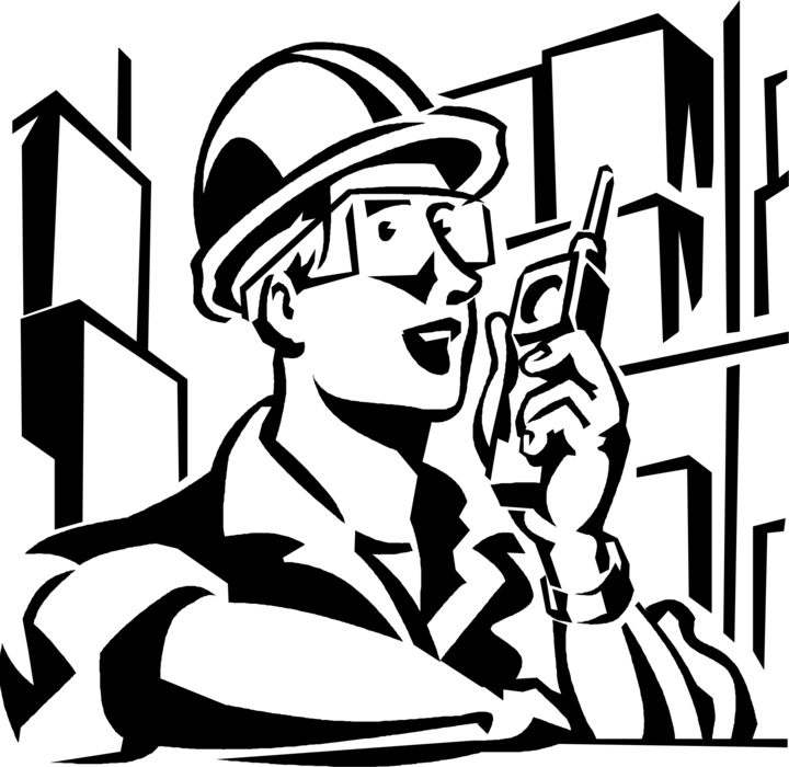 Vector Illustration of Building Construction Site Manager Foremen Delivers Instructions via Walkie-Talkie