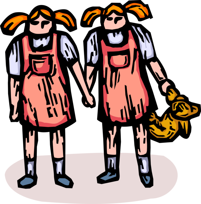 Vector Illustration of Monozygotic Identical Twin Adolescent Girls with Toy Stuffed Animal Teddy Bear