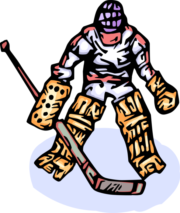 Vector Illustration of Sport of Ice Hockey Goalie Guards Net During Hockey Game on Rink