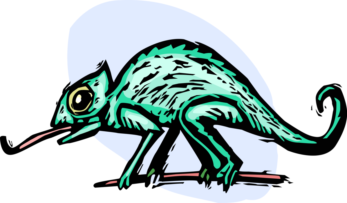 Vector Illustration of Chameleon Lizard on Tree Branch Using Tongue to Catch Insect Meal