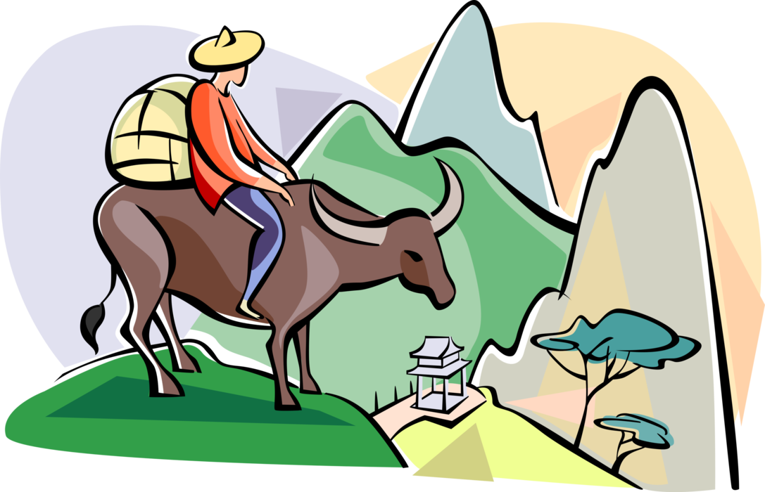 Vector Illustration of Chinese Peasant and Water Buffalo Crossing Mountains