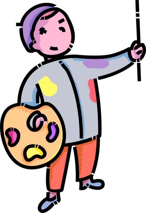 Vector Illustration of Primary or Elementary School Student Artist in Art Class with Paint Palette and Paintbrush