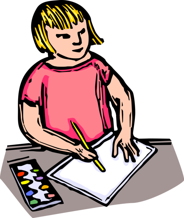 Vector Illustration of Child Artist Painting on Piece of Paper with Watercolor Paints