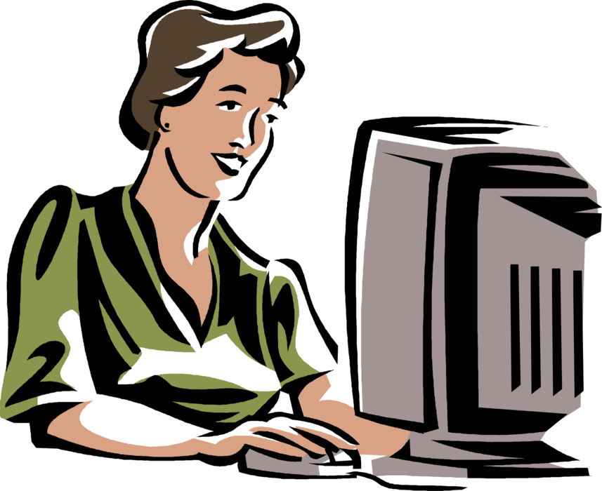 Vector Illustration of Businesswoman Works at Office Desktop Computer