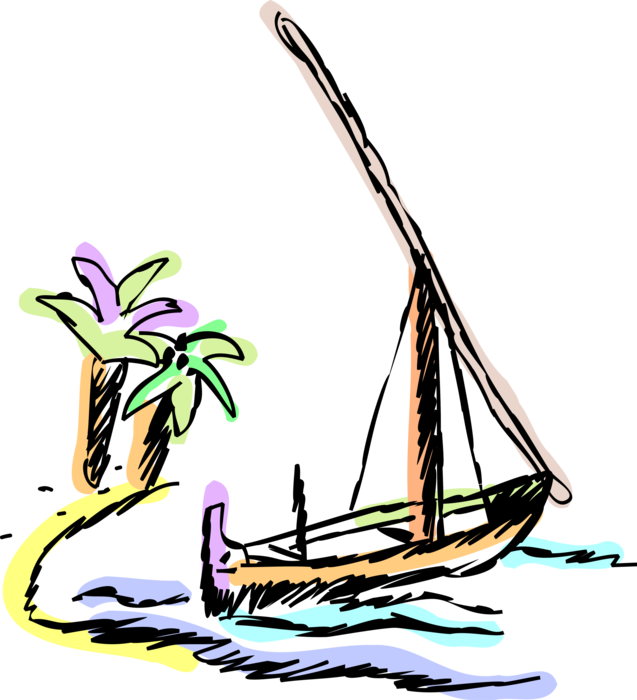 Vector Illustration of Sailboat Watercraft with Sail on Beach of Tropical Island with Palm Trees