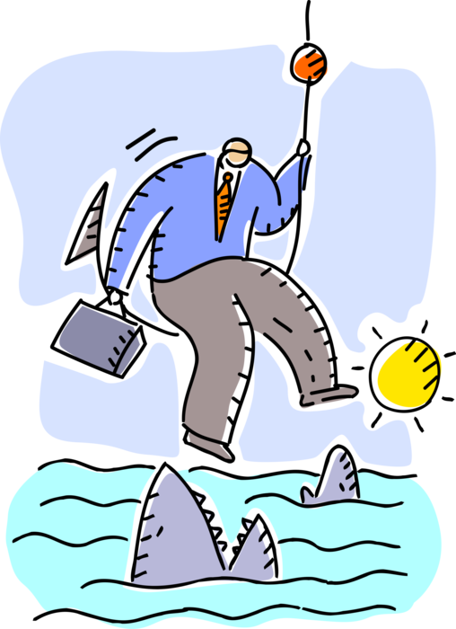 Vector Illustration of Businessman on Baited Fish Hook Faces Impending Doom in Shark Infested Waters
