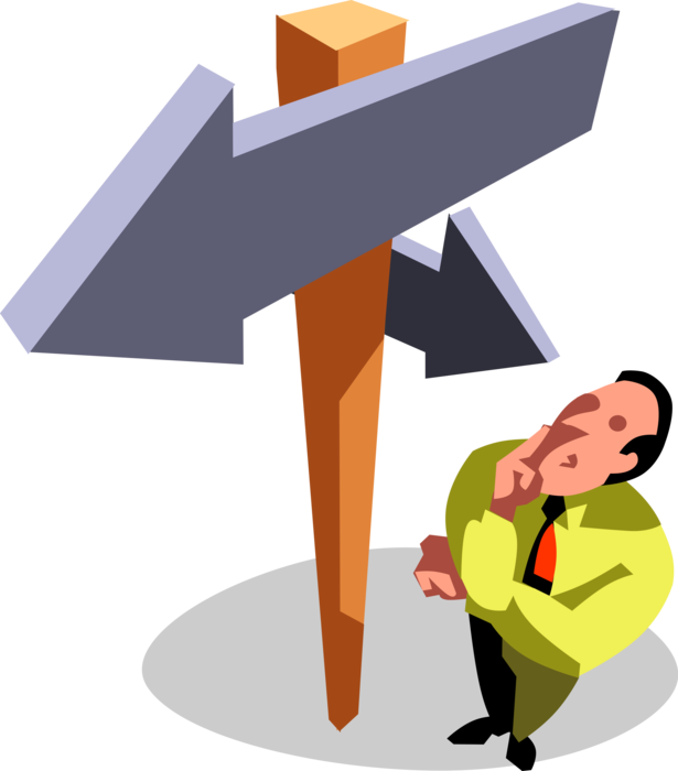 Vector Illustration of Businessman Faces Difficult Decision on Correct Course of Action to Follow with Direction Arrow Sign