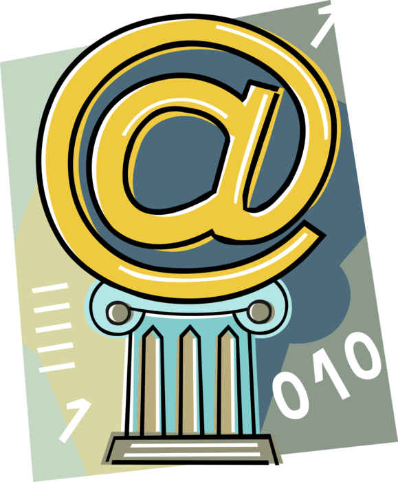 Vector Illustration of Internet Electronic Mail Email Correspondence @ Symbol Exchanges Digital Messages on Column Pedestal