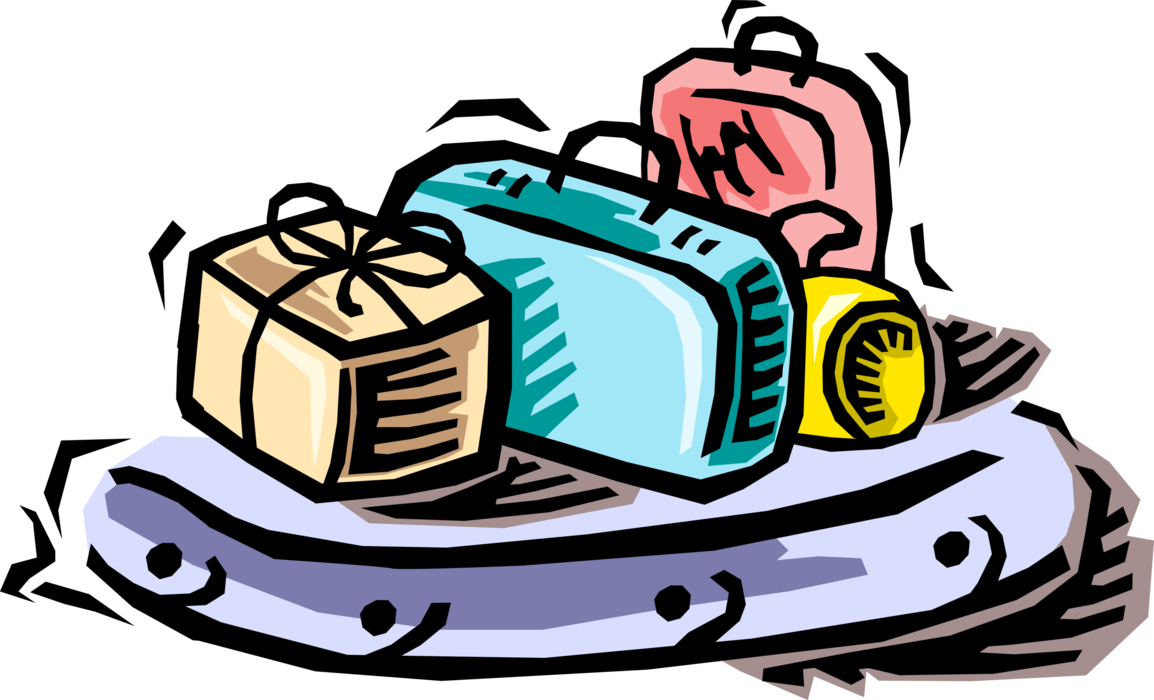 Vector Illustration of Holiday Vacation Travel Traveller's Luggage on Airport Baggage Carousel Conveyor Belt