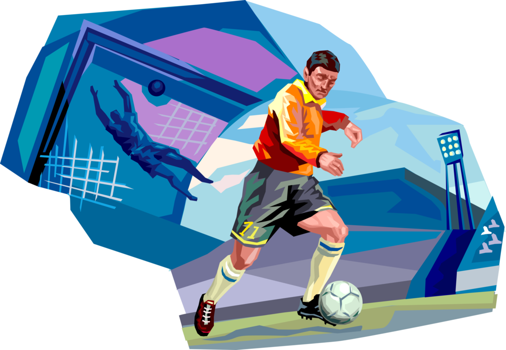 Vector Illustration of Football Soccer Player Kicks Ball on Pitch Field During Match