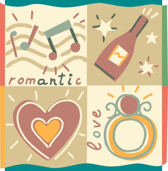 Vector Illustration of Celebrating Romantic Love with Music, Champagne, Hearts, Diamond Engagement Ring