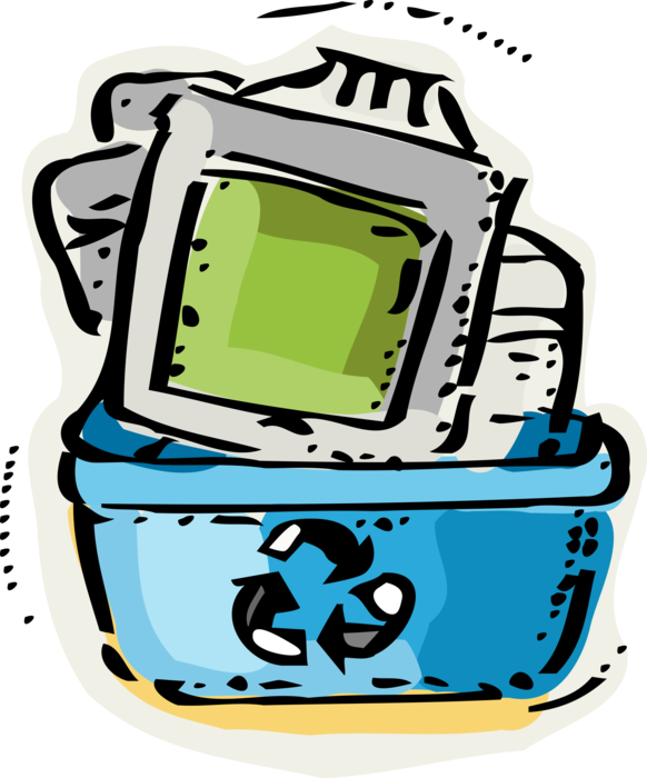 Vector Illustration of Obsolete Computer Technology Equipment in Recycle Box for Recycling