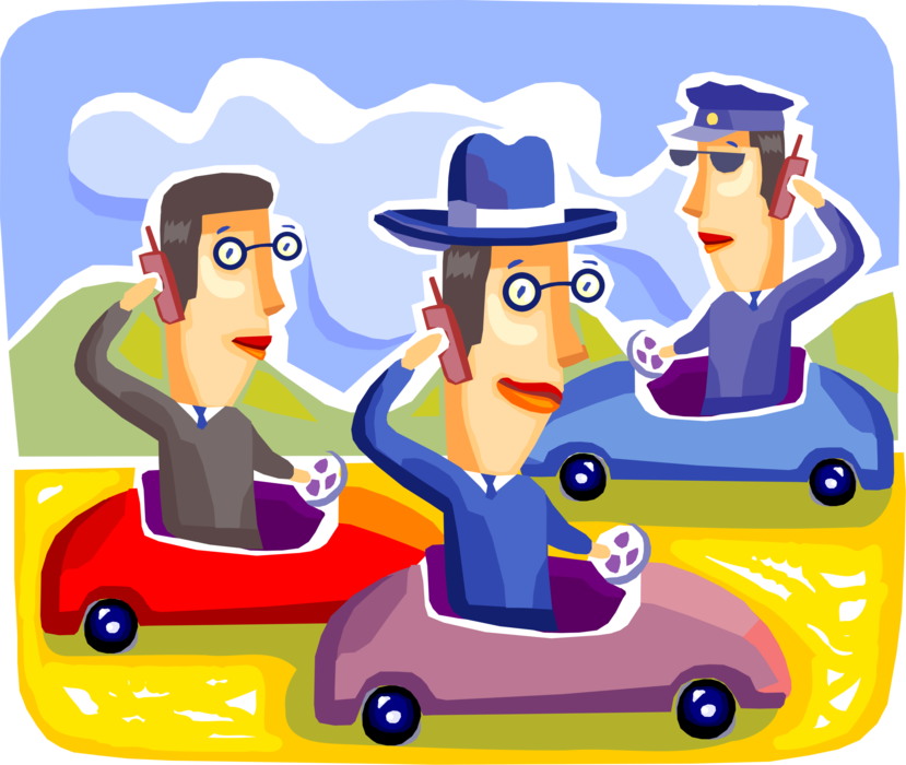 Vector Illustration of Commuter Motorist Drivers in Automobile Cars Break Law Talking on Mobile Cell Phones in Cars