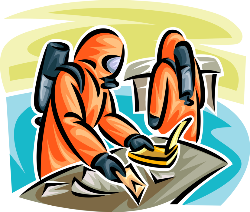 Vector Illustration of Homeland Security Personnel in Hazmat Protective Suits Handle Dangerous Toxic Chemicals