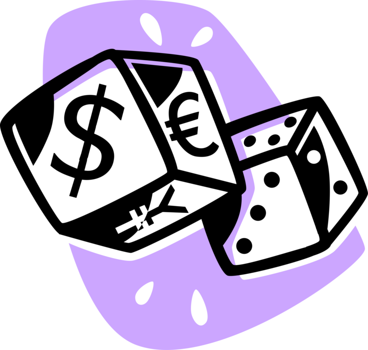 Vector Illustration of Foreign Currency Money Dice used in Pairs in Casino Games of Chance or Gambling
