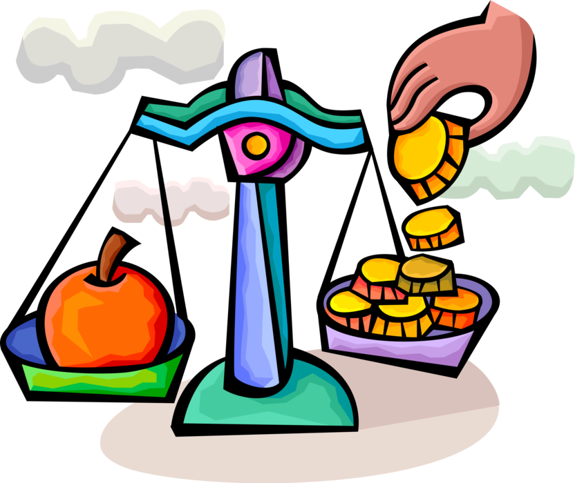 Vector Illustration of Scales of Balance Weigh Gold Coins and Orange from Idiom Comparing Apples and Oranges