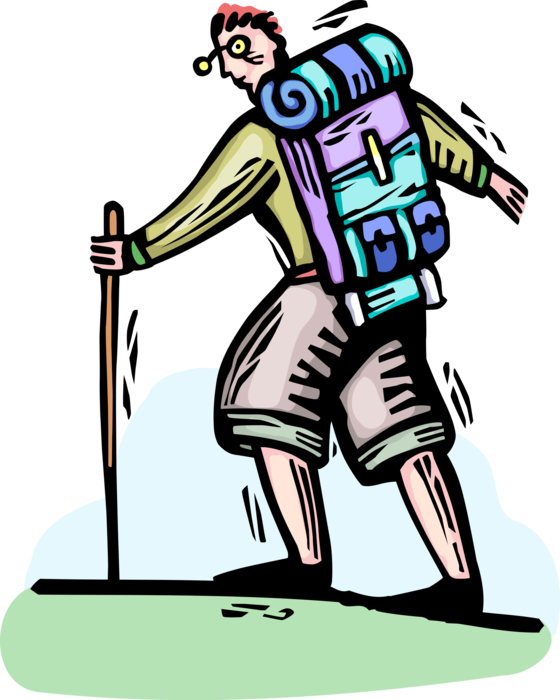 Vector Illustration of Hiker Hiking in Outdoor Wilderness with Backpack Knapsack and Walking Stick