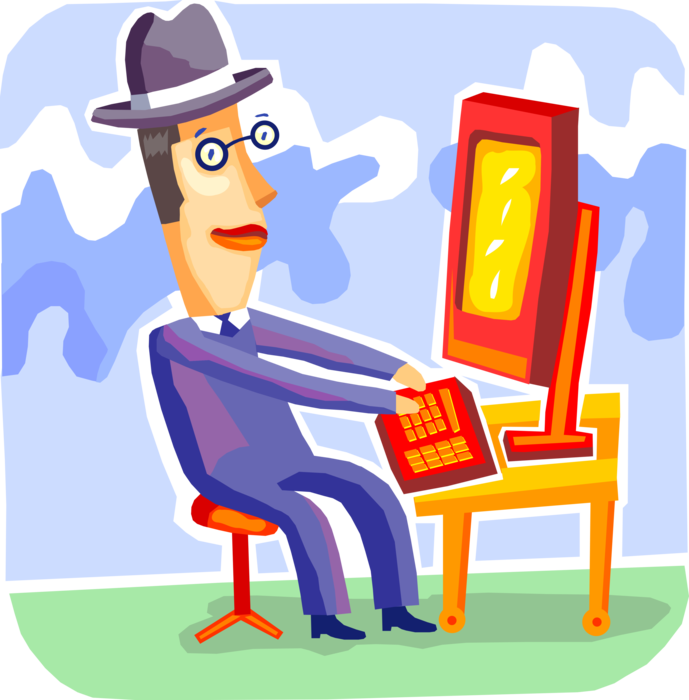 Vector Illustration of Businessman Works on Computer Outdoors at Desk