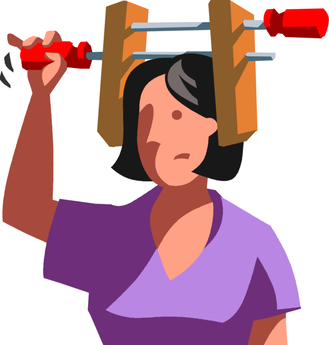 Vector Illustration of Businesswoman in Squeeze with Head in Toolmaker's Clamp