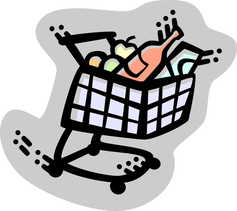 Vector Illustration of Supermarket Grocery Store Shopping Cart with Food