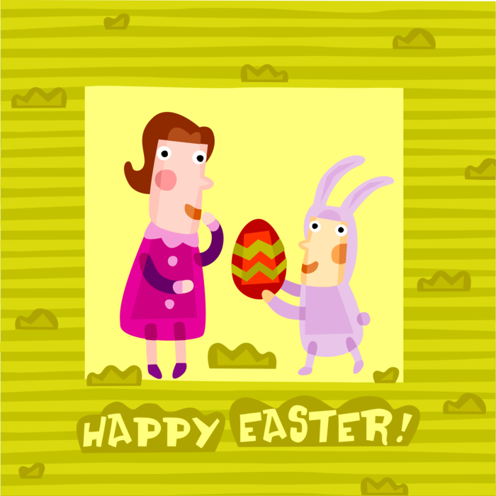 Vector Illustration of Happy Easter Greeting Card with Easter Bunny Rabbit Delivering Decorated Colored Easter Egg