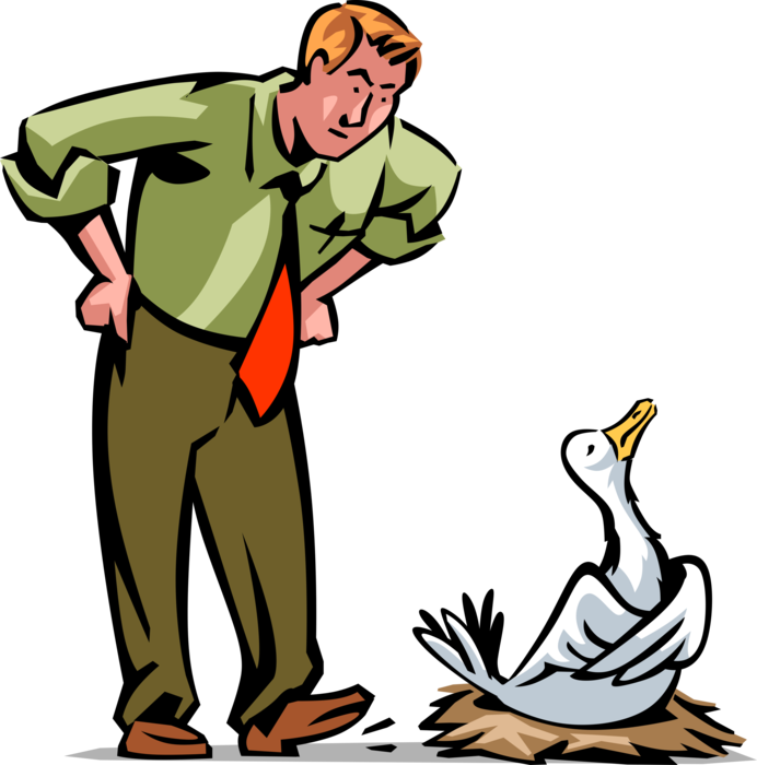 Vector Illustration of Anxious Businessman Waits for Goose to Lay Golden Nest Egg in Bird's Nest