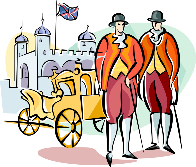 Vector Illustration of Englishmen Royals in Traditional Dress with Carriage, Great Britain, United Kingdom
