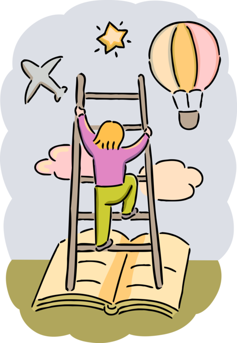 Vector Illustration of Student Climbs Ladder to Reach Top and Achieve Educational Success 