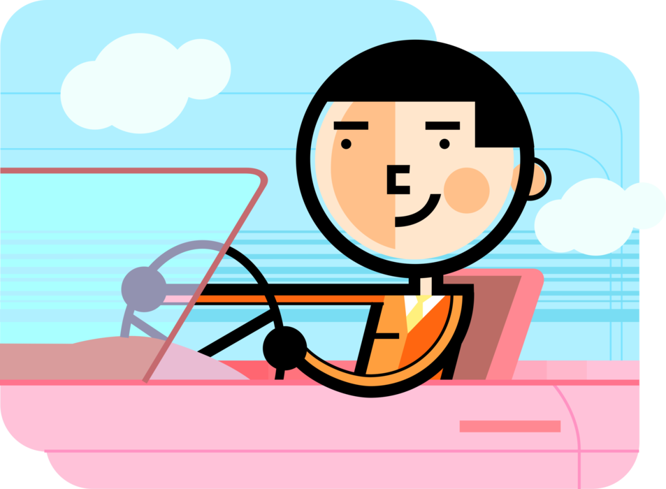 Vector Illustration of Motorist Driver Drives Convertible Automobile Motor Vehicle Car