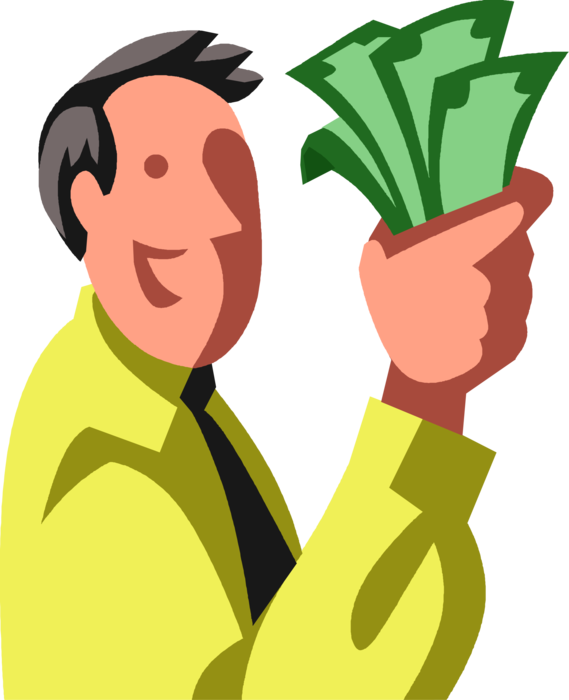 Vector Illustration of Successful Businessman Holds Fistful of Cash Money Dollars