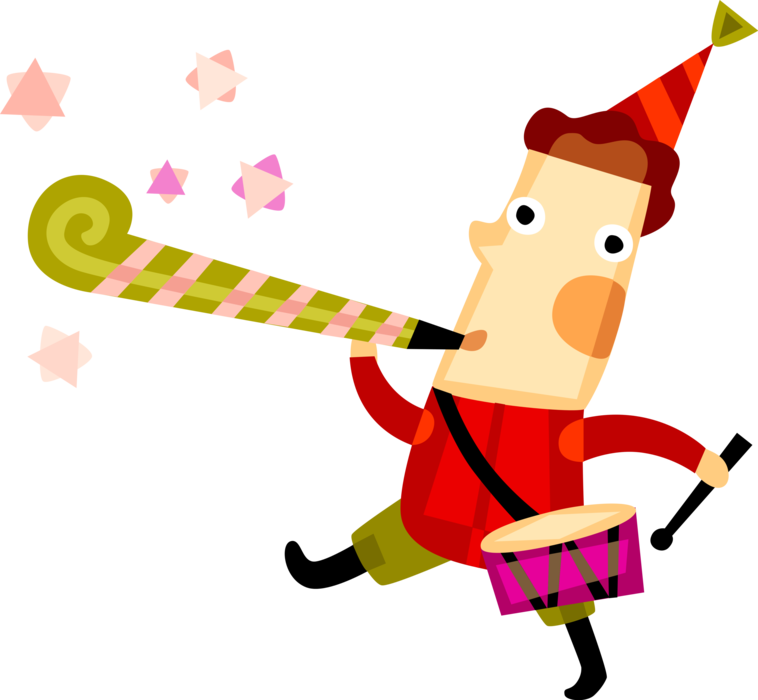 Vector Illustration of Little Drummer Boy Plays Drum and Blows Noisemaker Whistle