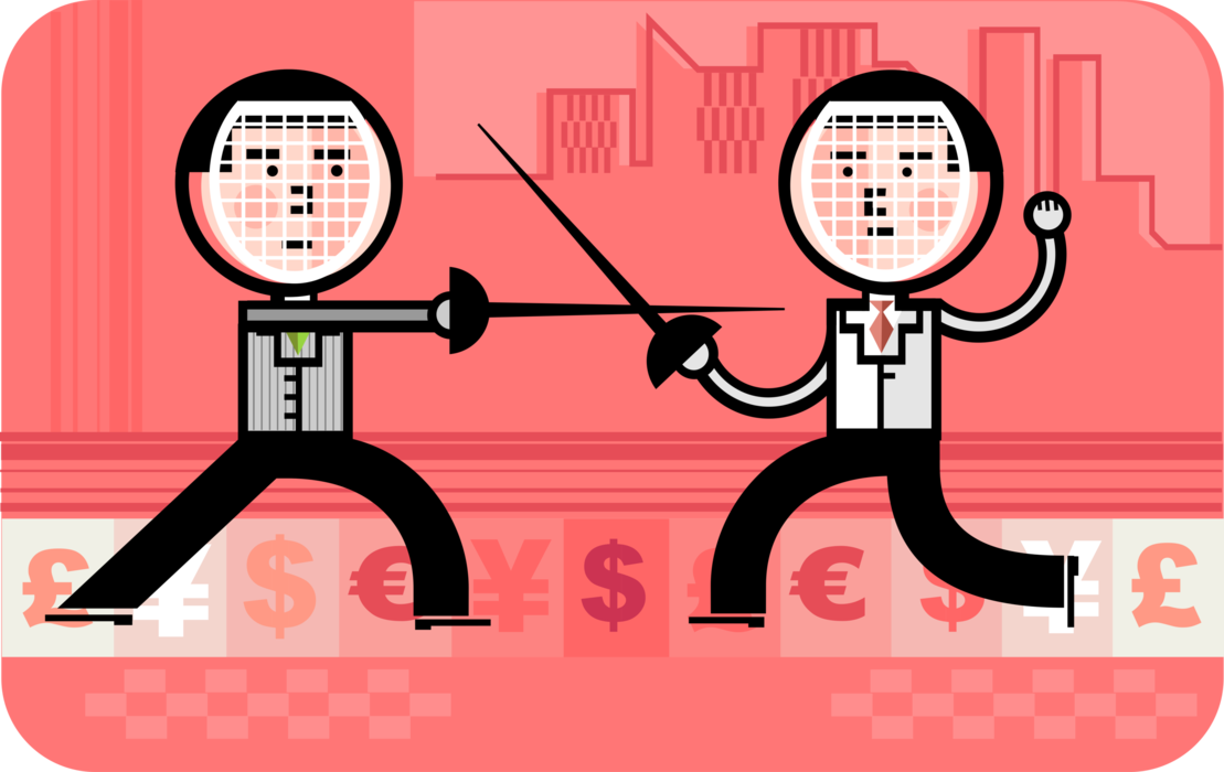 Vector Illustration of Businessmen Fencers with Foil Swords Fight with Financial Currency Dollars and Euros