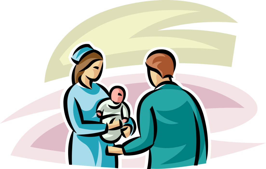 Vector Illustration of Hospital Maternity Ward Nurse Delivers Newborn Baby to New Father