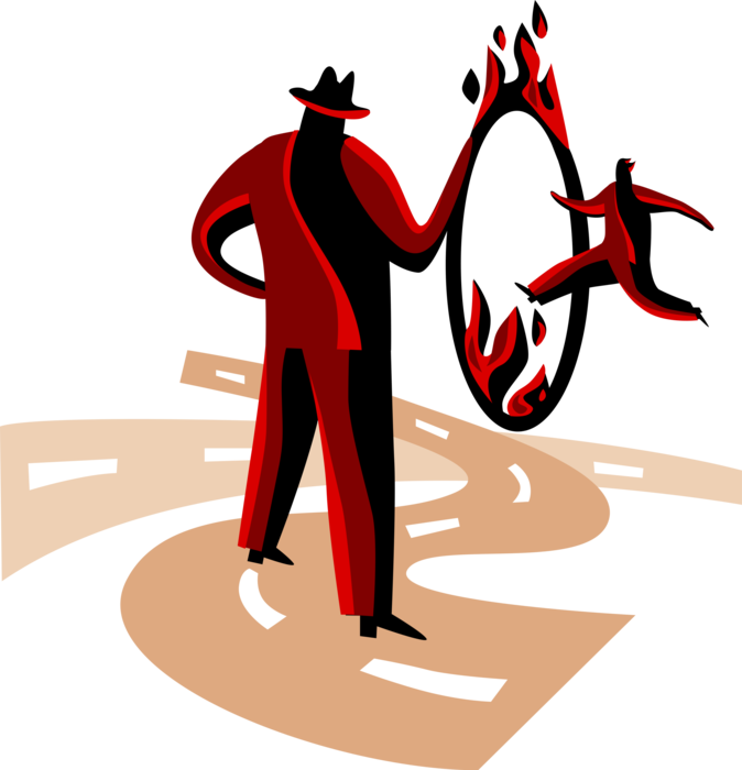 Vector Illustration of Business Management Forces Employee to Demonstrate Loyalty and Jump Through Burning Hoop of Fire