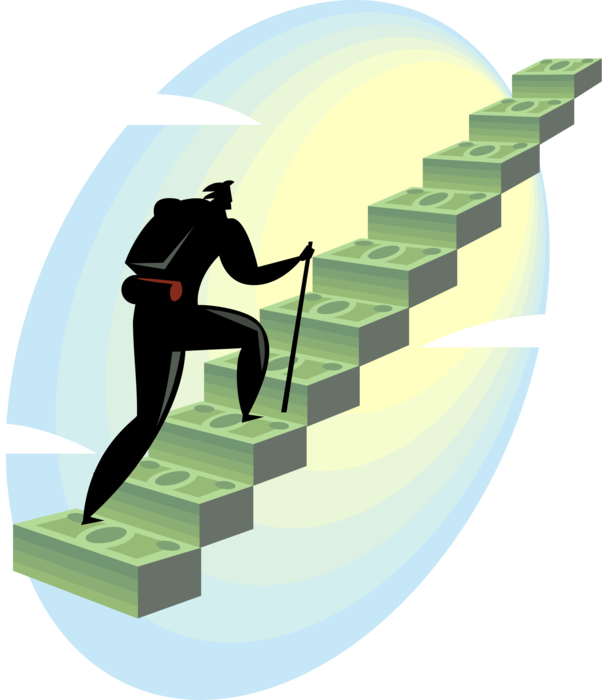 Vector Illustration of Mountain Climber Businessman Climbs Stairway to Financial Success with Cash Money Dollars