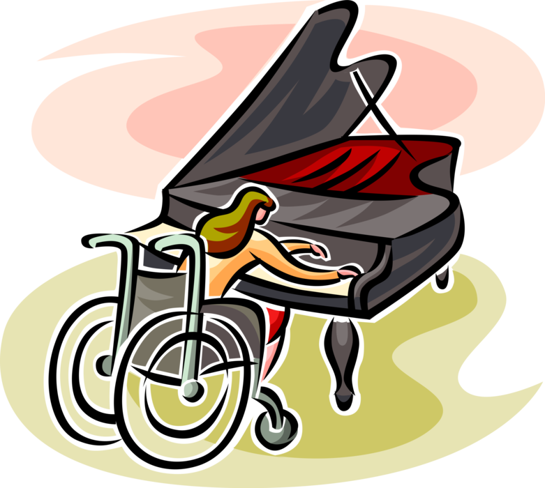 Vector Illustration of Concert Pianist Musician in Handicapped or Disabled Wheelchair Plays Grand Piano Musical Instrument
