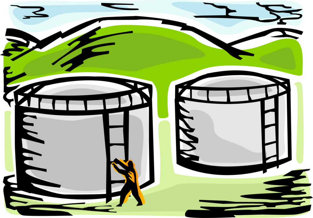 Vector Illustration of Fossil Fuel Petroleum and Gas Industry Oil Refinery with Petroleum Gasoline Storage Tanks