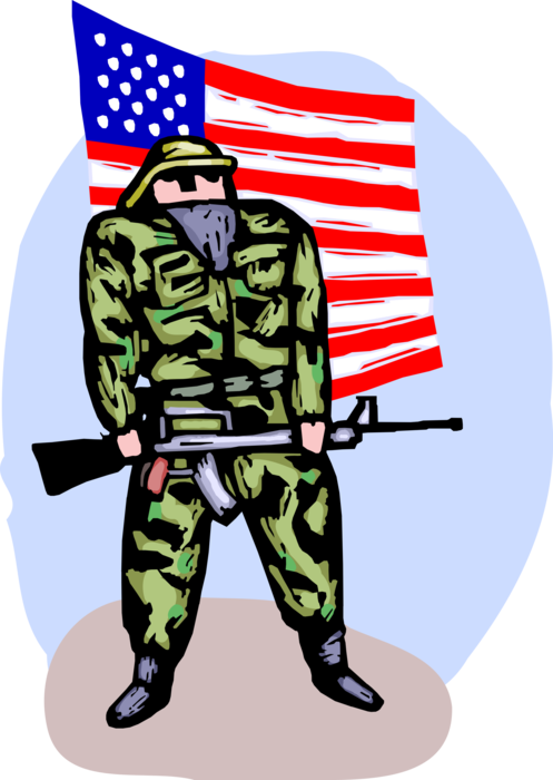 Vector Illustration of Heavily Armed United States Military Soldier with Automatic Rifle Gun and American Flag