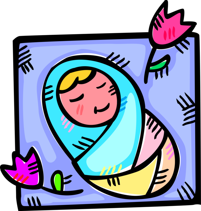 Vector Illustration of Newborn Infant Baby Wrapped in Swaddling Blanket with Tulip Garden Flowers