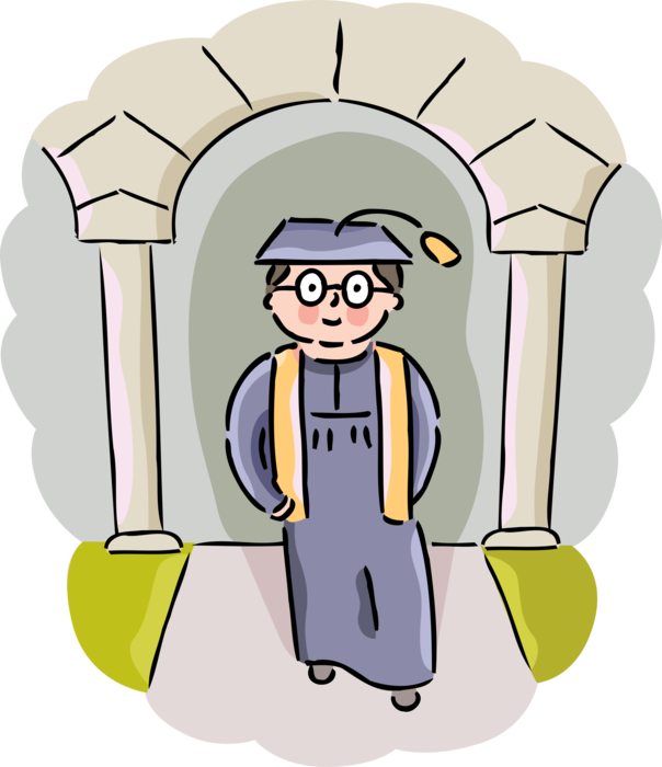Vector Illustration of High School, College, University Graduate Student on Graduation Day from School with Cap and Gown