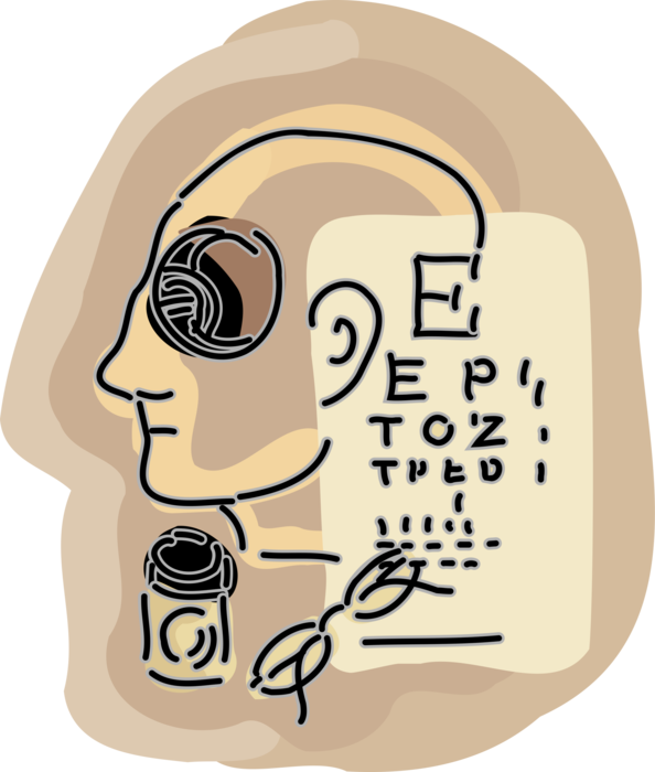 Vector Illustration of Ophthalmologist Optician Eye Examination Equipment at Optometrist's Office with Eye Chart and Eyeglasses