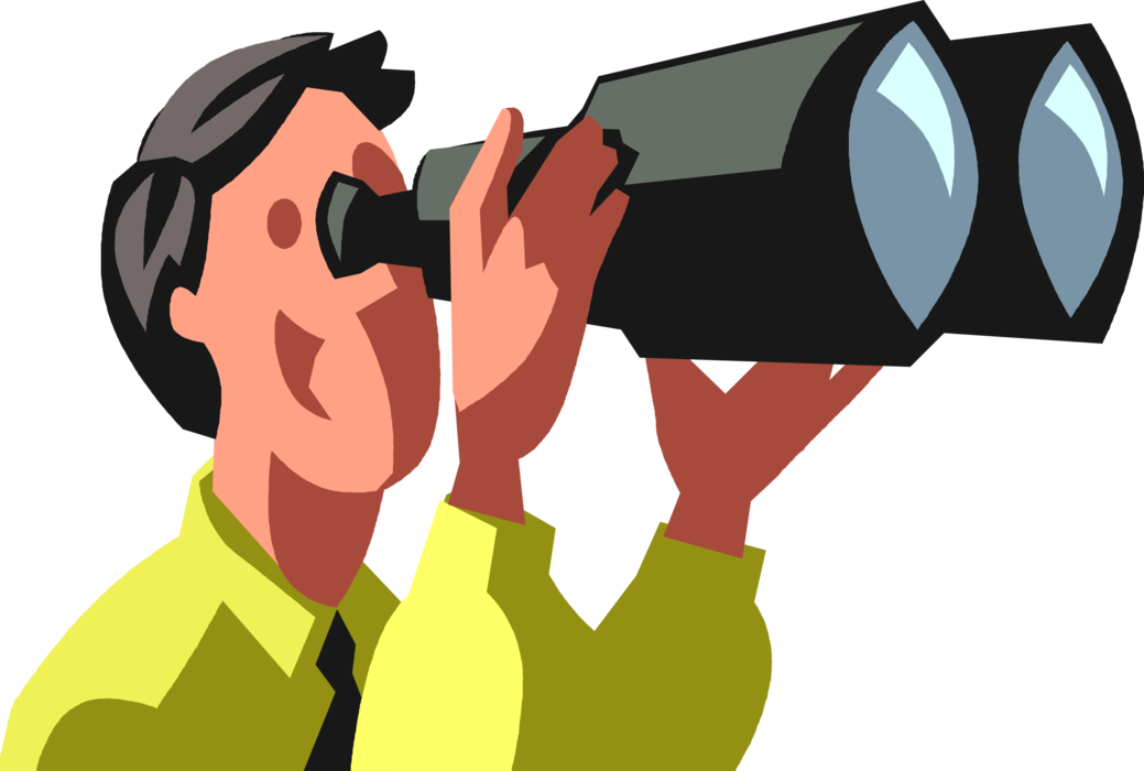 Vector Illustration of Excited Businessman Looks Through Binoculars to Future Business Opportunities