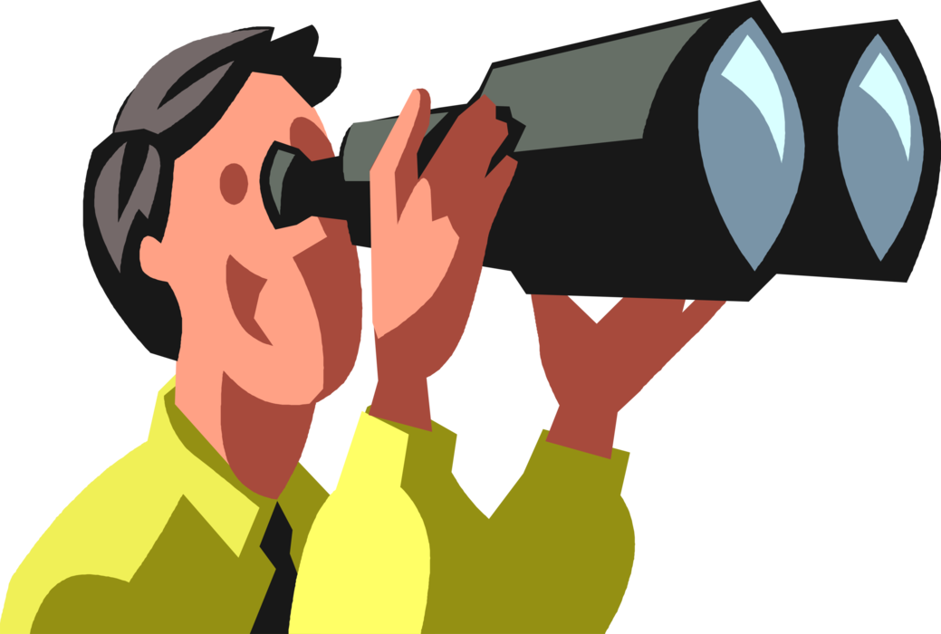 Vector Illustration of Excited Businessman Looks Through Binoculars to Future Business Opportunities