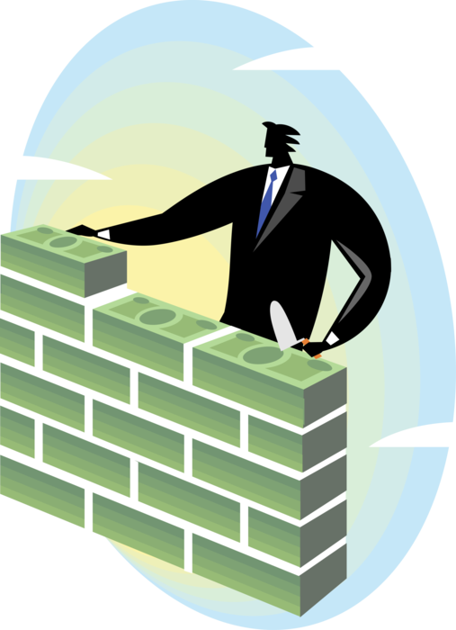 Vector Illustration of Bricklayer Mason Businessman Builds Masonry Wall of Currency Cash Money Dollars